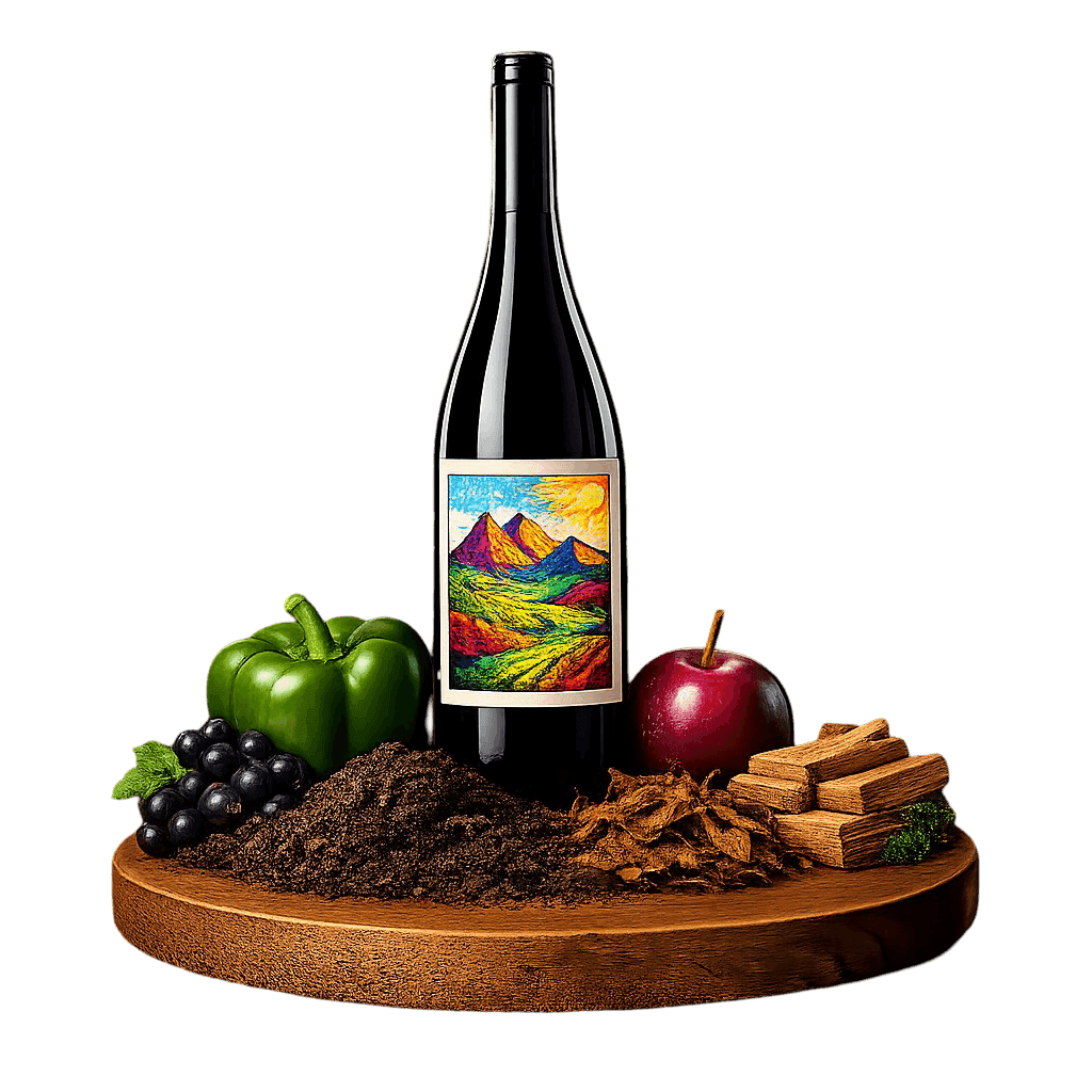 Artistic label and flavor profile for Brazilian Cabernet Sauvignon on a rustic wooden table.