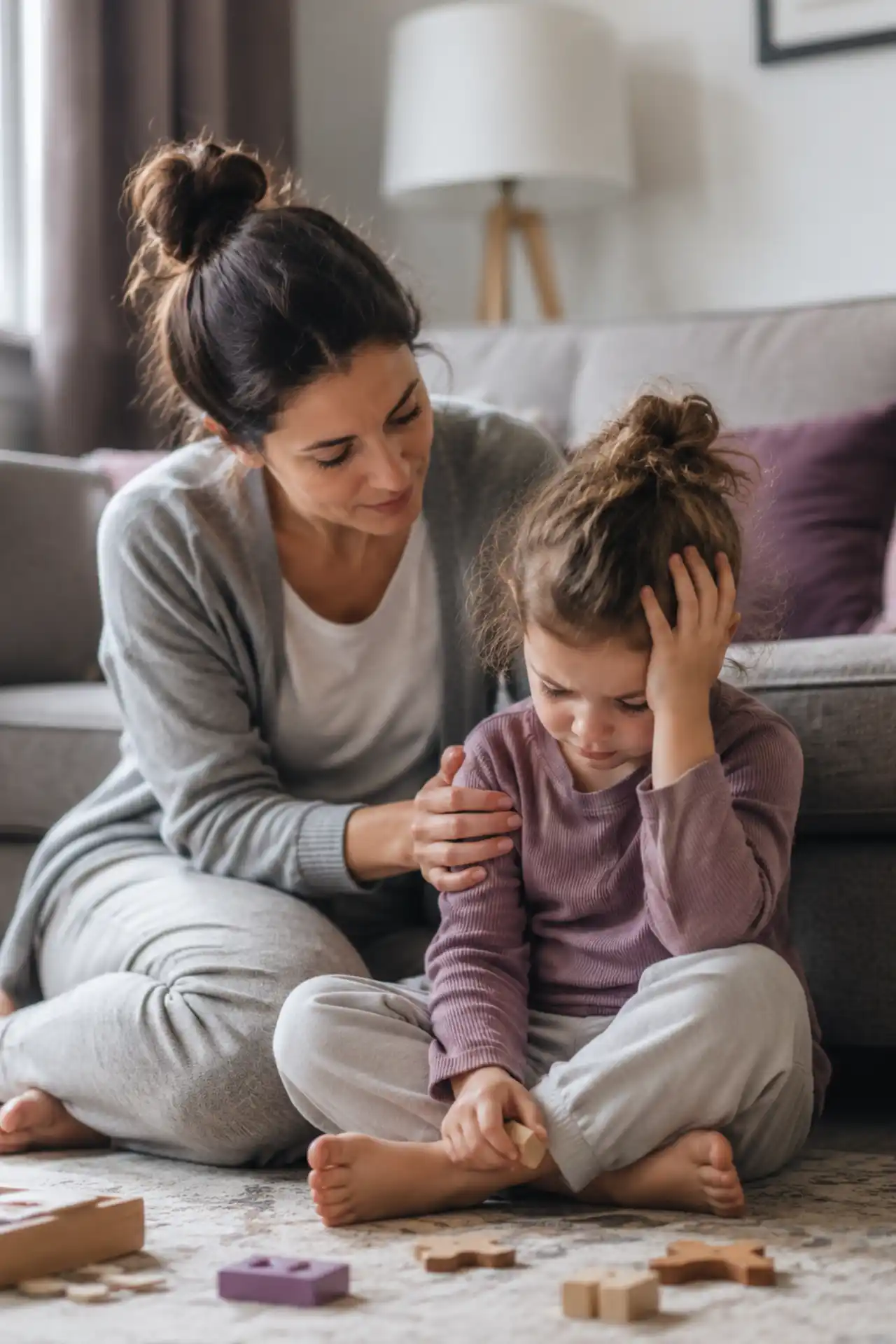 A mother sits on the floor, gently comforting her upset child during a quiet moment at home, surrounded by scattered wooden blocks and a cozy living room setting.