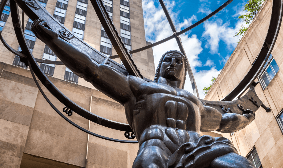 Atlas statue holding a globe on his shoulders in front of Rockefeller Center, NYC