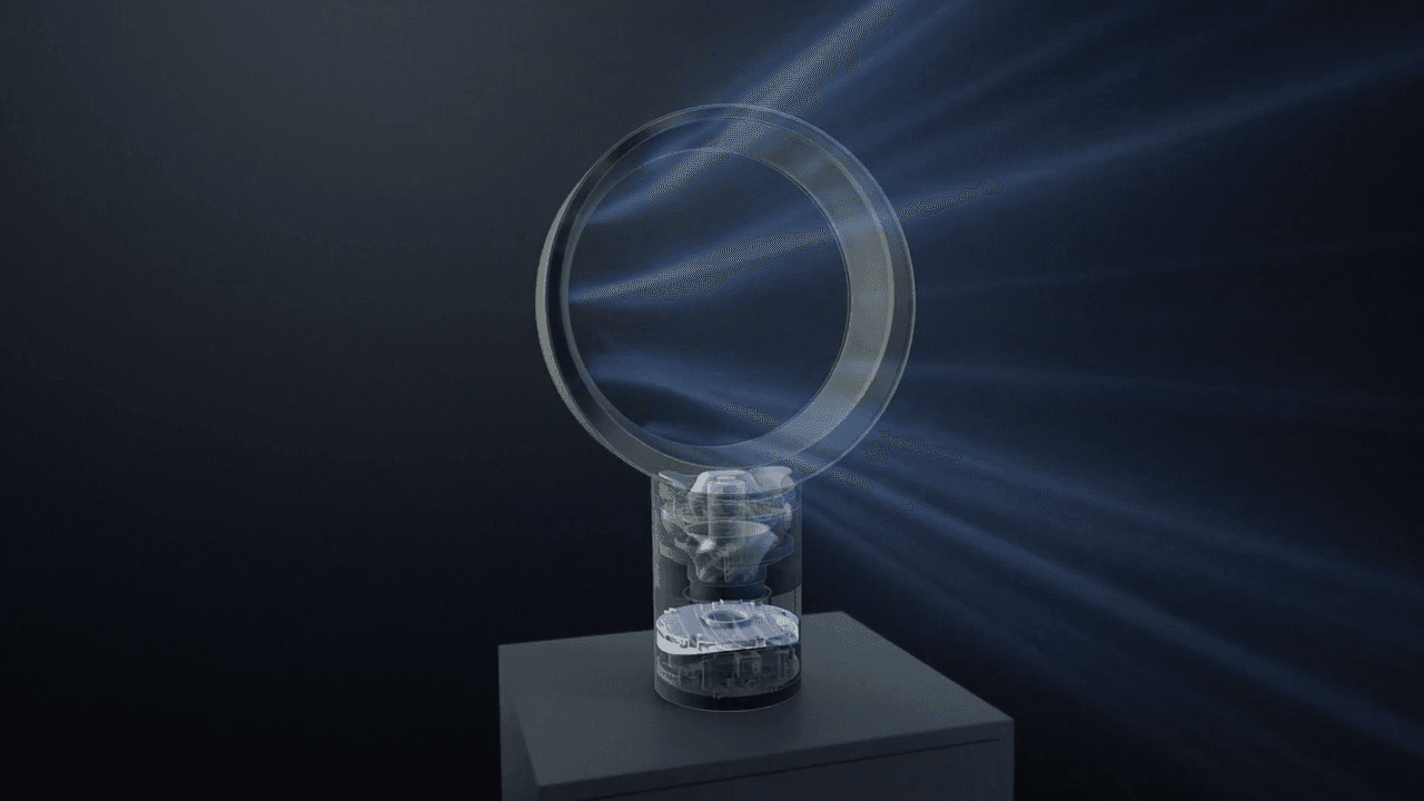 Mainframe product work: dyson airflow technical cutaway in a precise engineering CGI style for product storytelling.