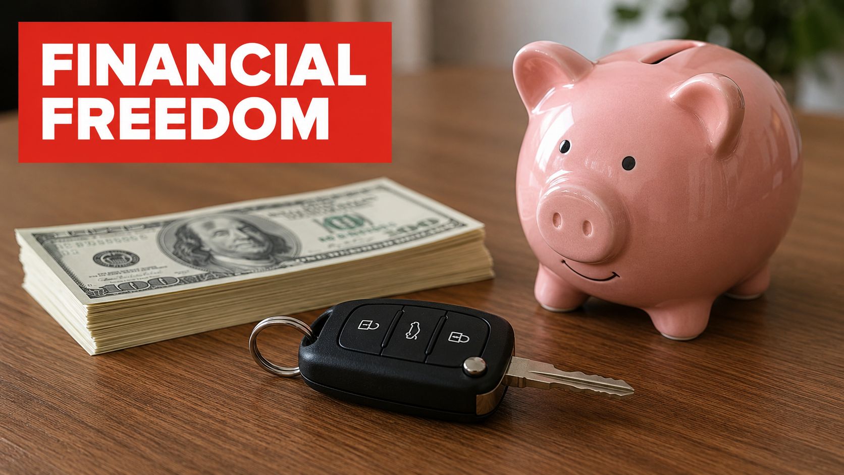 A car key, stack of cash, and piggy bank on a desk, representing the hidden costs of traffic tickets.