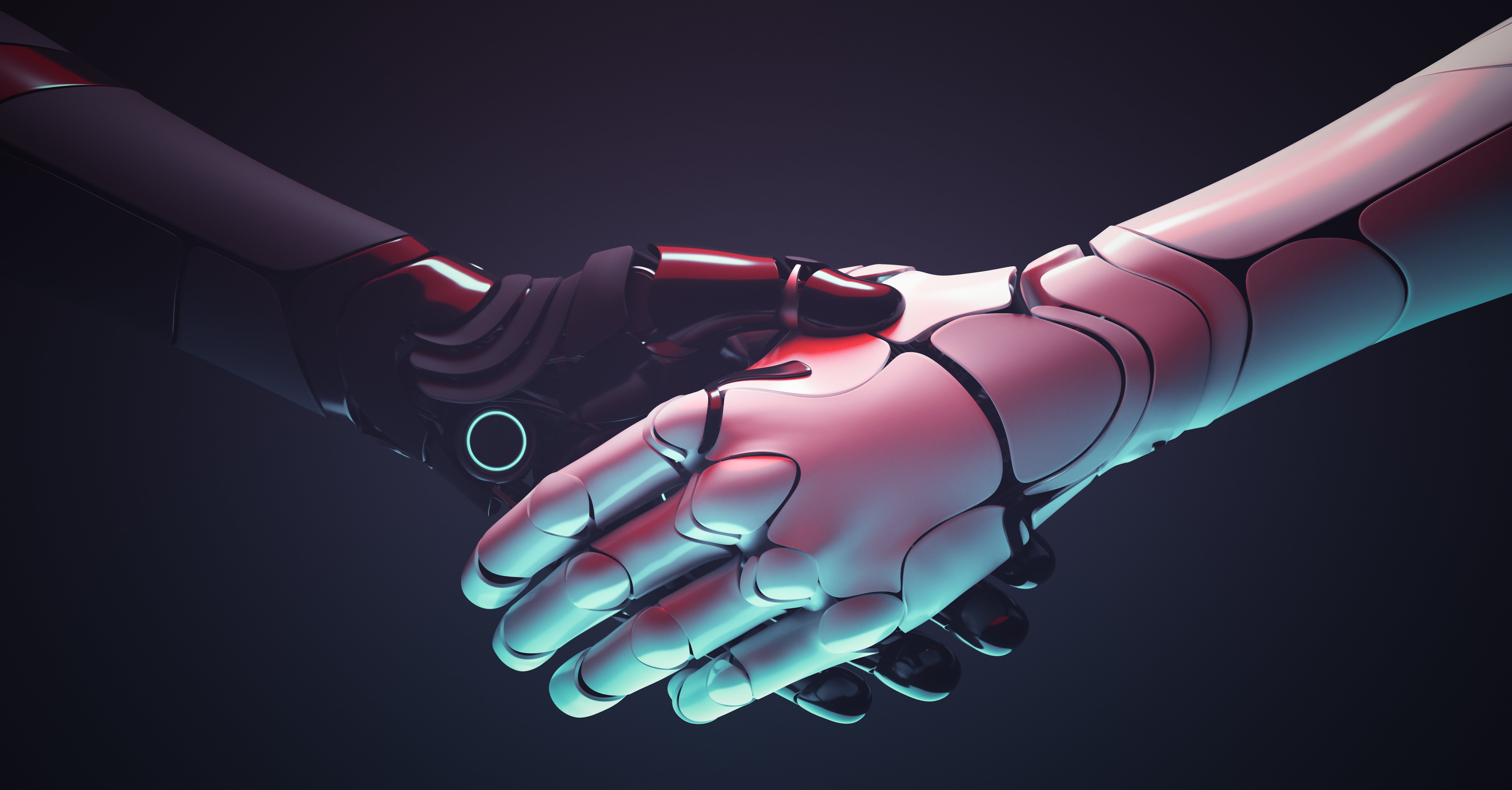 Futuristic robotic handshake symbolizing AI collaboration and technology partnership