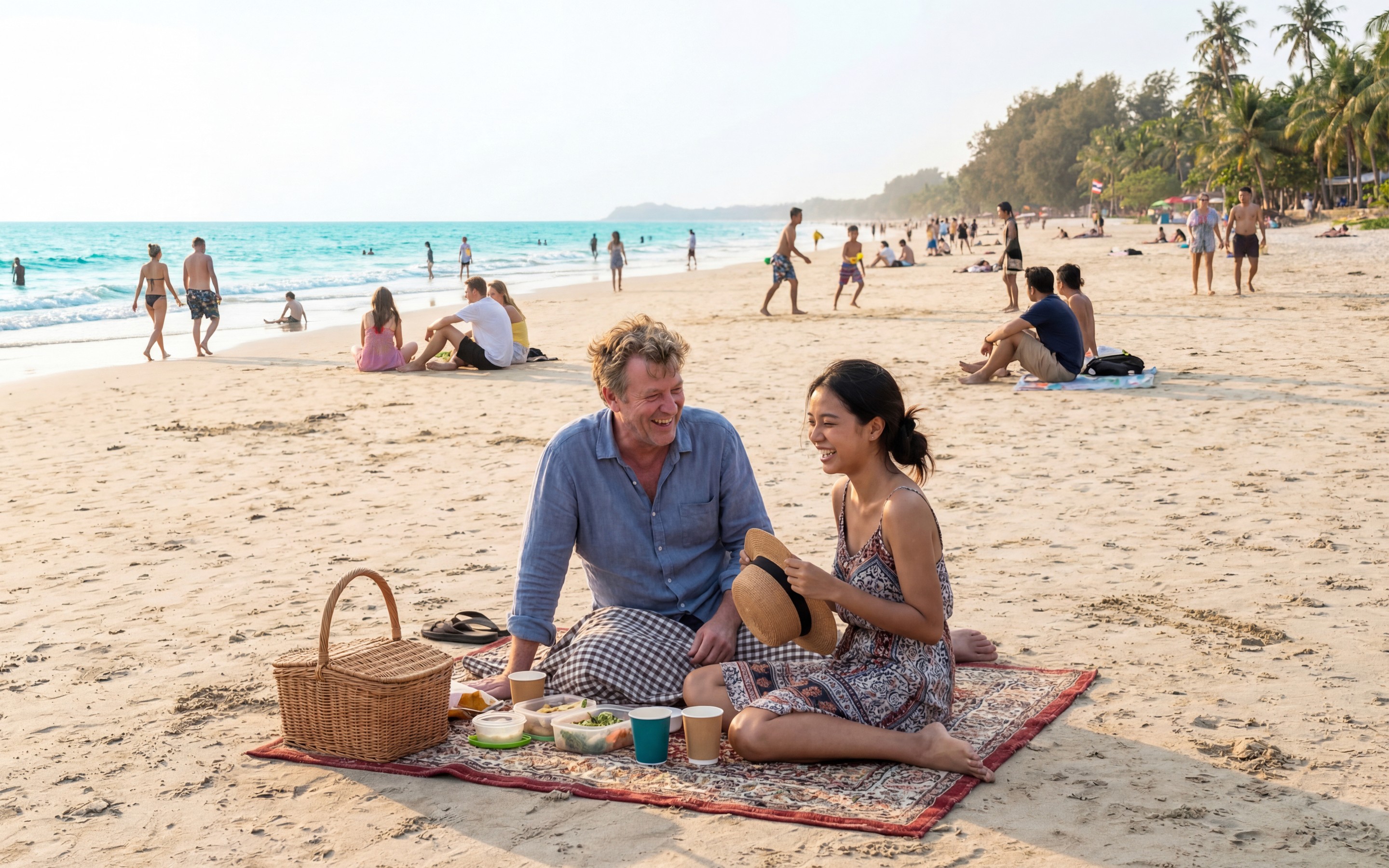 A couple sitting on a beach in Krabi with other people relaxing and walking along the shoreline.