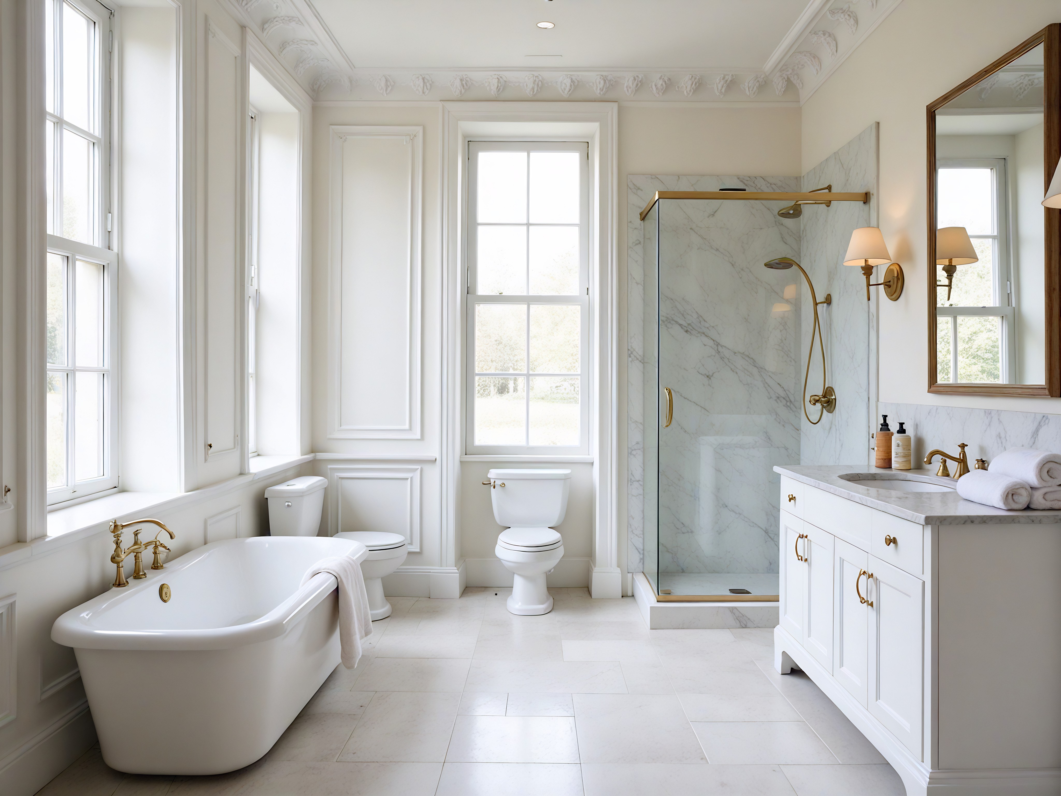 Gemini said A classic-style kitchen and breakfast room with off-white paneling, marble-patterned flooring, and intricate ceiling carvings. In the center, a large white kitchen island with marble counter has a central grey vase with white-colored flowers and a sink on the right side. Against the far-left wall is a white countertop, two glass-fronted cabinets with off-white bowls on the shelves, and two drawers and cabinets. Next to it, in the center, is a large white rangehood with detailed carvings at the bottom, above an off-white professional-style range with six burners. In the far-right corner are three white panel-designed double doors with gold-colored handles, with the left door open and looking out on a green garden. To the right of the island is a large potted plant and a second similar potted plant sits in the far-left corner. Natural daylight streams through the open window, illuminating the room.
