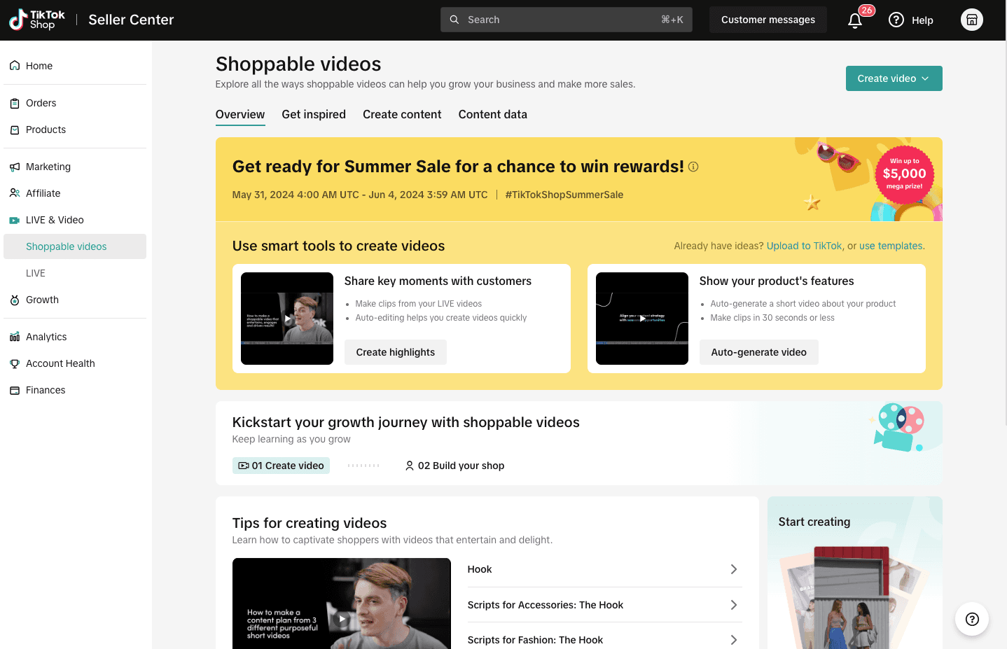 Screenshot of TikTok Shop Seller Center, Shoppable Videos hub dashboard.