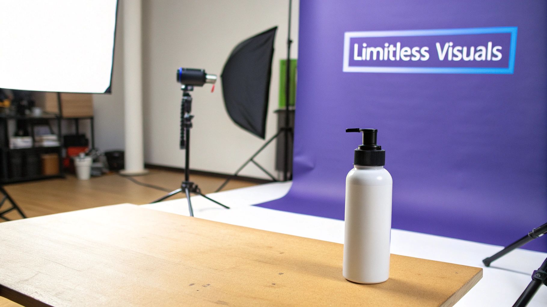 A white product bottle with a black pump dispenser on a wooden table in a photography studio with a purple backdrop and equipment.