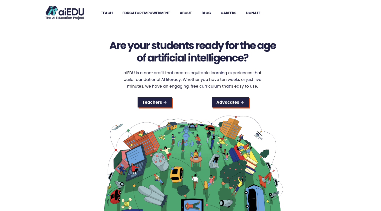 aiEDU website design by David Alex showing the homepage with the headline "Are your students ready for the age of artificial intelligence?" and the site typography system