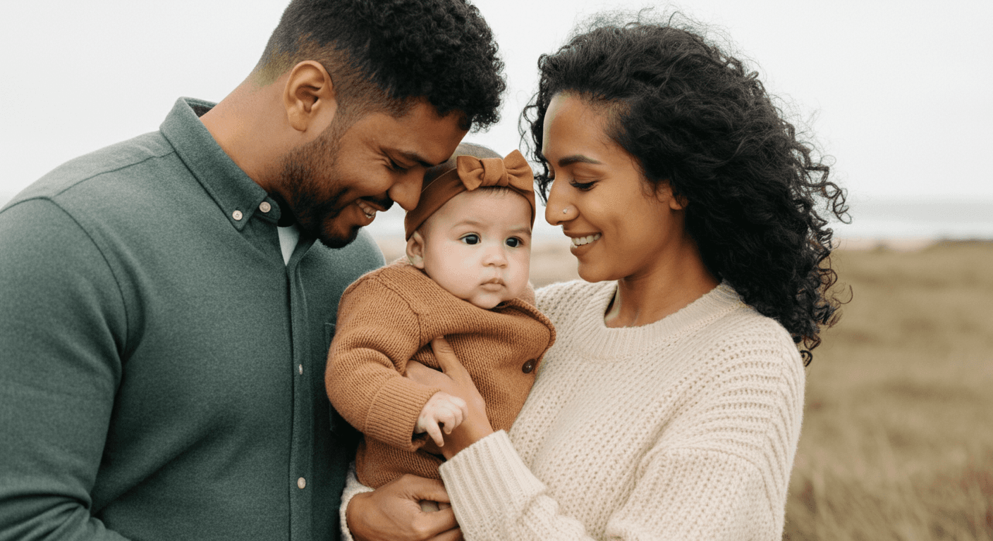Happy family sitting on a couch, warmly lit by sunlight, smiling and enjoying time together.
