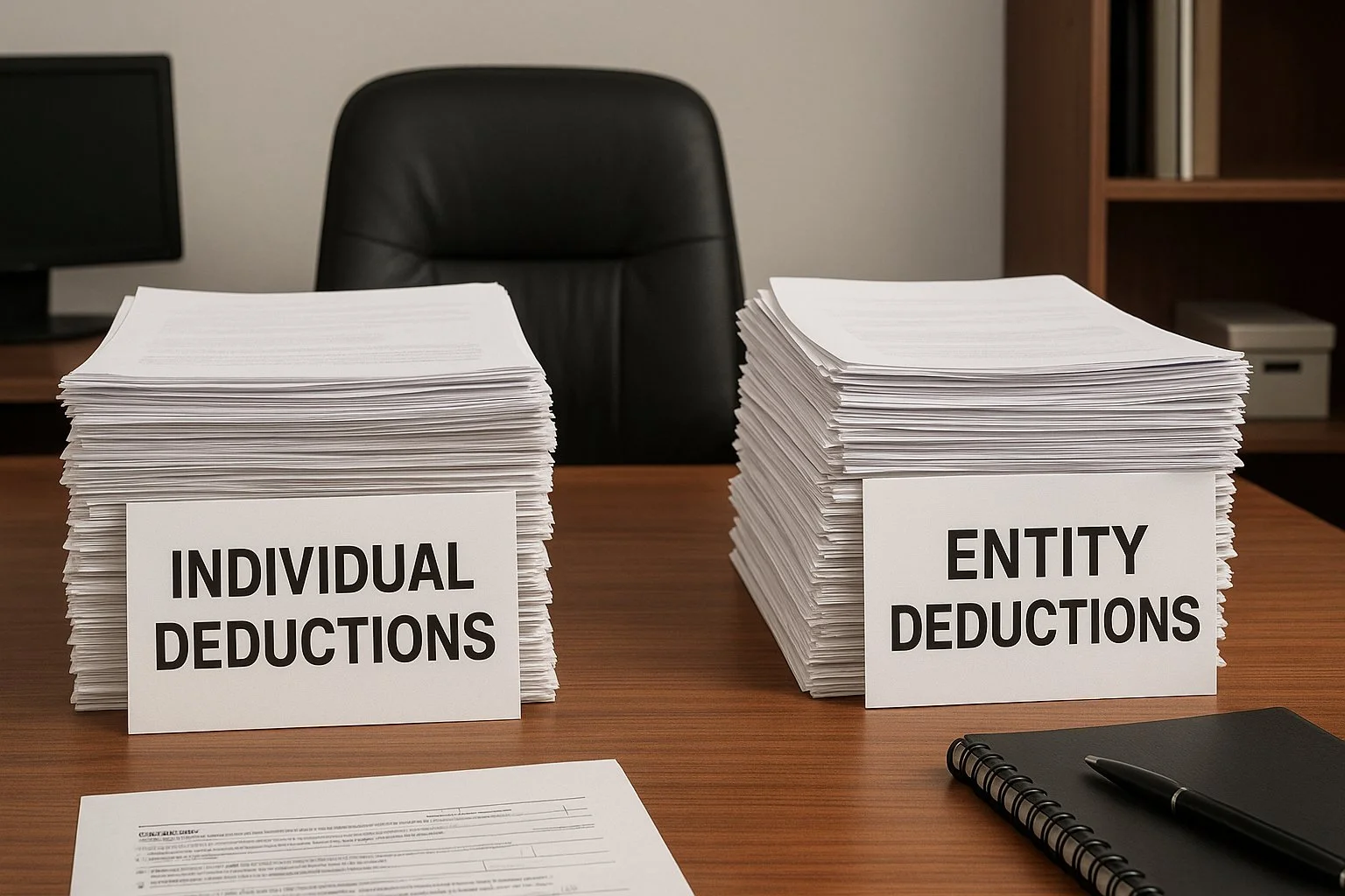 Business office with two piles of paperwork labeled “Individual Deductions” and “Entity Deductions,” showing both being used side by side.