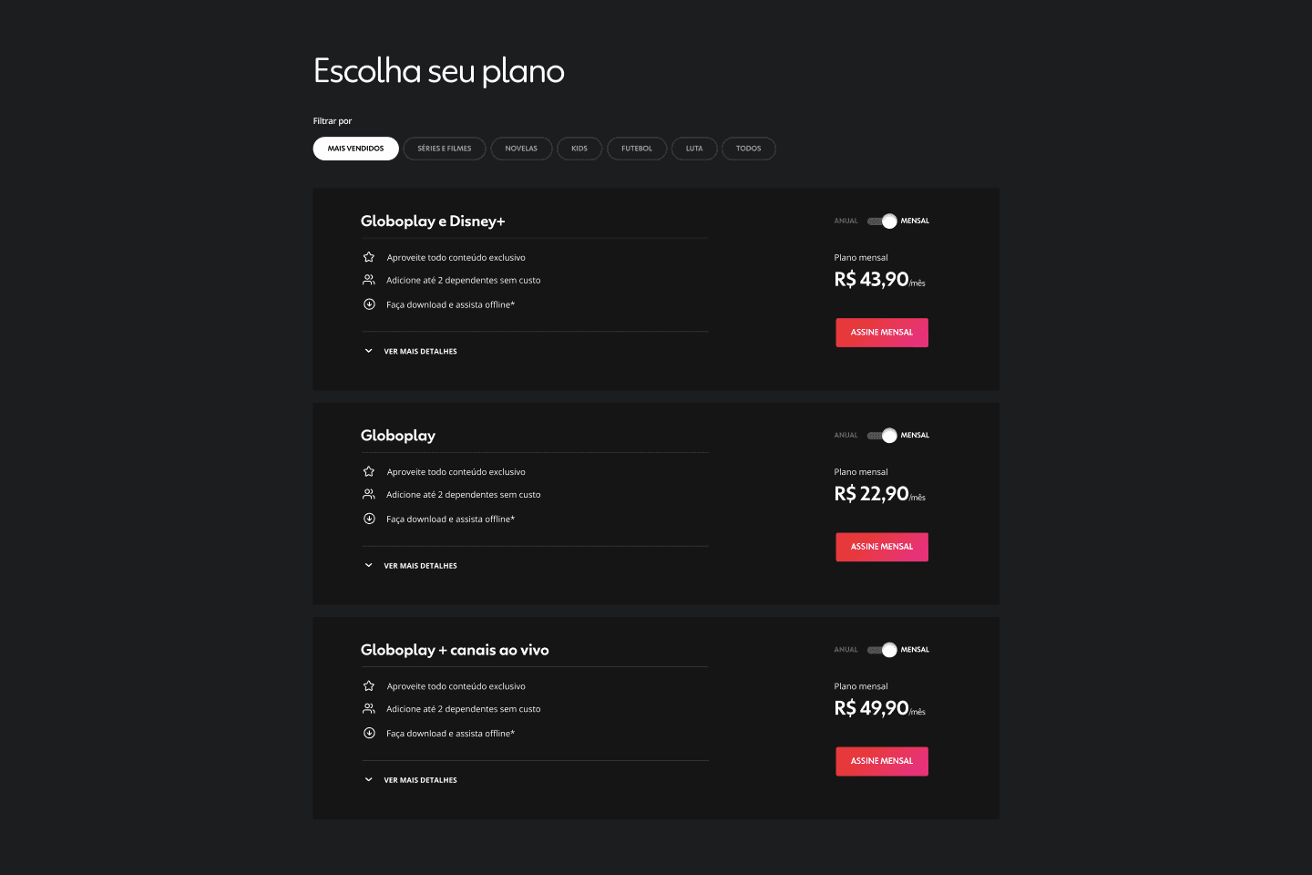 Subscriptions listing and their respective filters