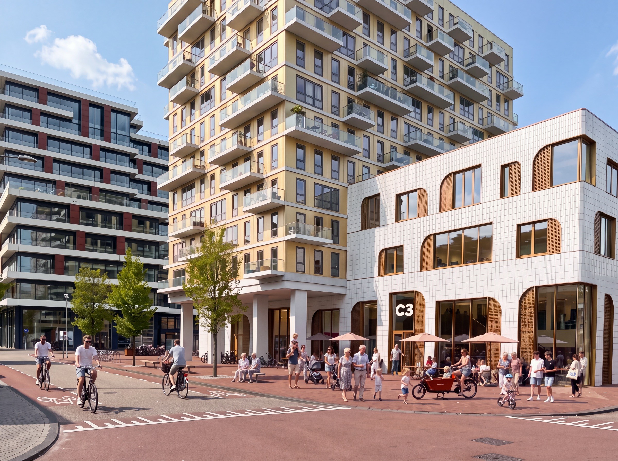 The Imagine Community Centre building and residential tower, with people gathering on the plein