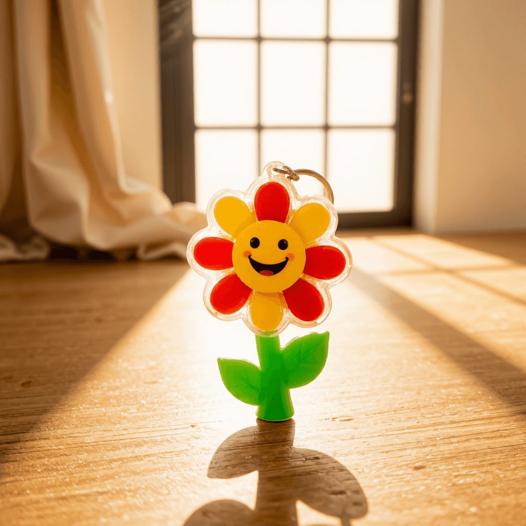 product photography of a decorative keychain shaped like a flower with a smiling face
