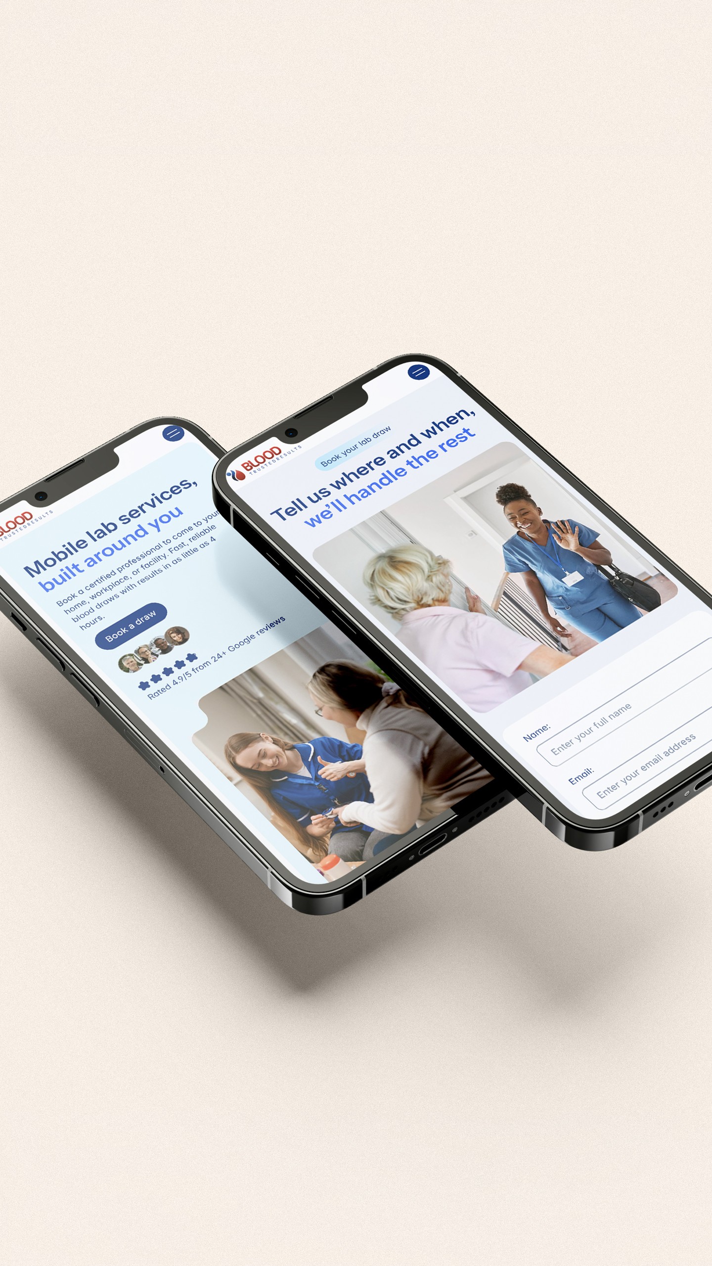 BloodScript mobile blood testing website displayed on two smartphones