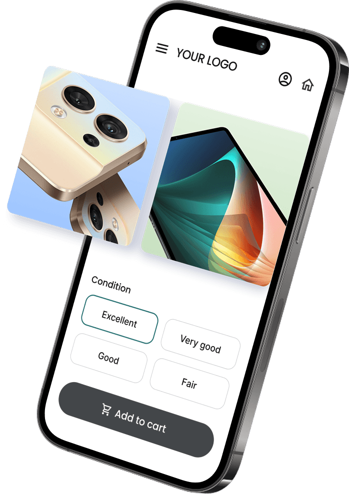 Mockup of a mobile interface for an online store displaying a smartphone with different condition options: Excellent, Very Good, Good, and Fair.