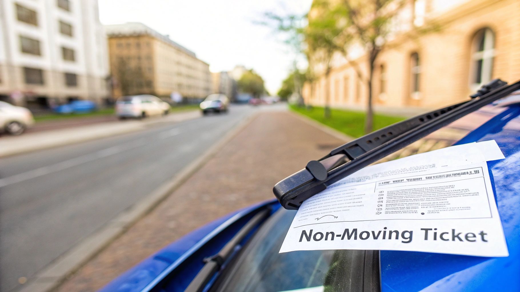 A non-moving ticket is placed under the windshield wiper of a blue car on a city street.