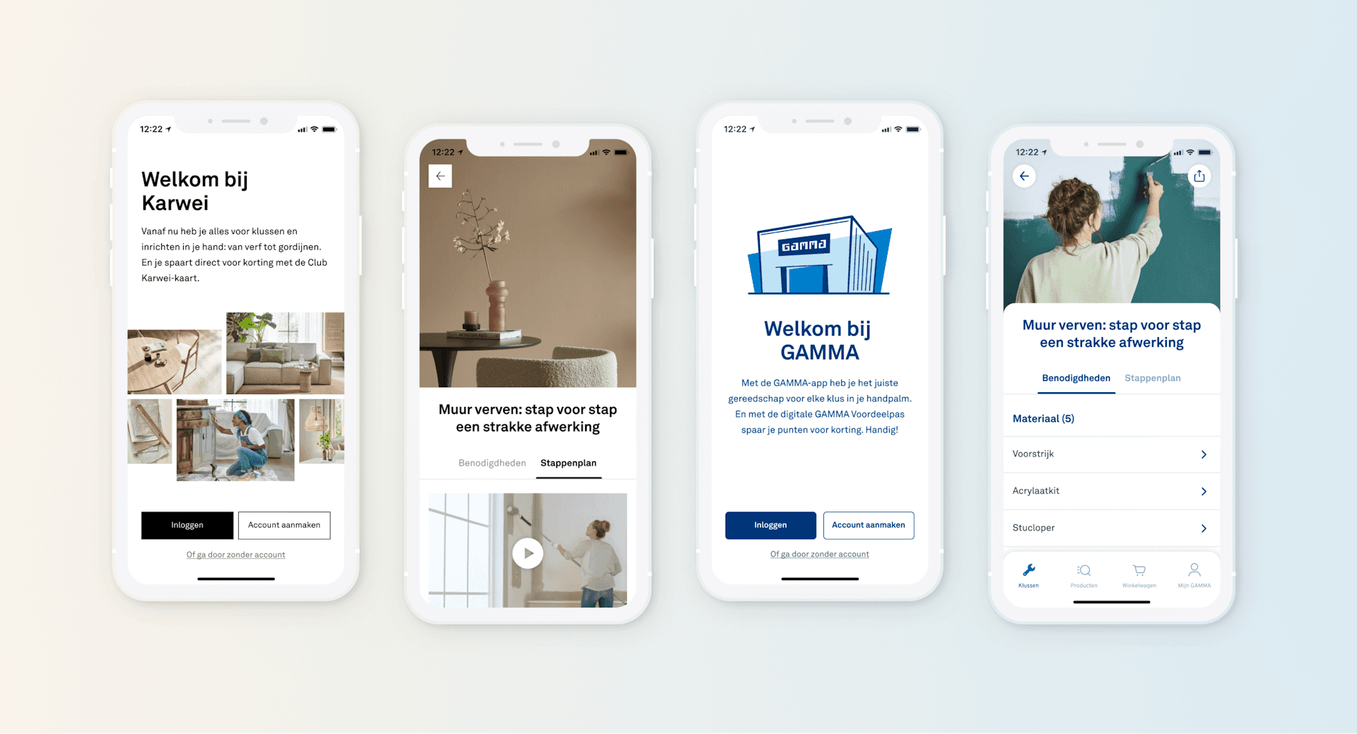 Intergamma — four smartphone screens side by side showing the Gamma and Karwei app interfaces — Soda Studio case study