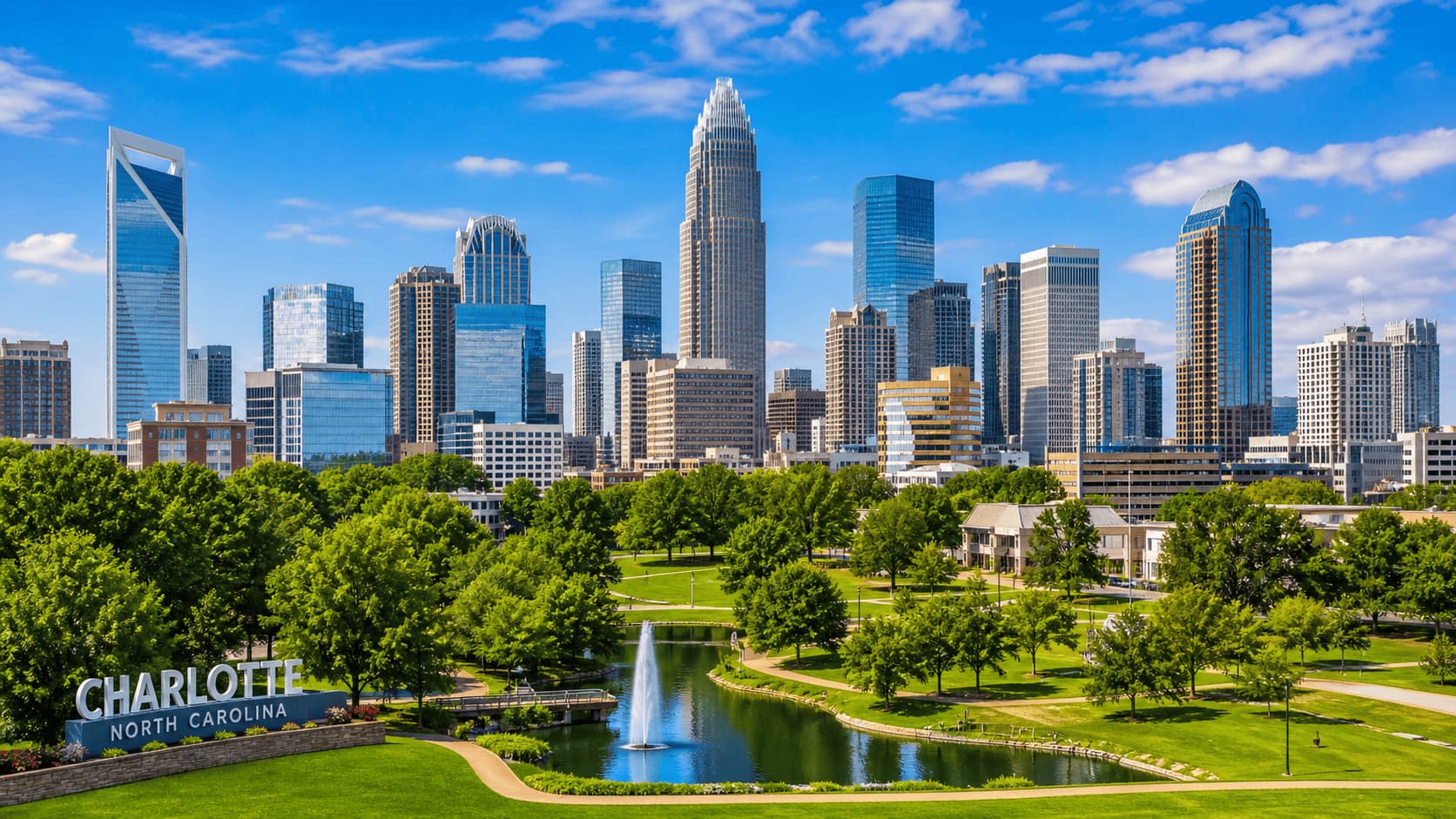 Charlotte skyline with modern buildings and green park areas