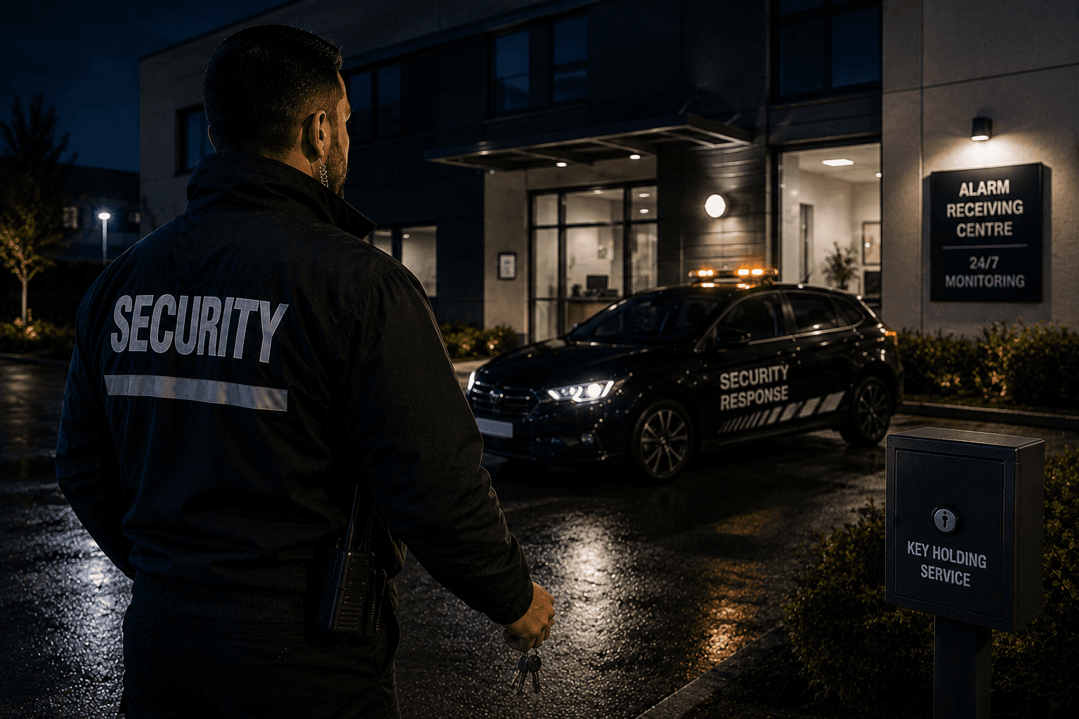 Alarm response security officer attending a commercial property with patrol vehicle during a nighttime alarm activation.