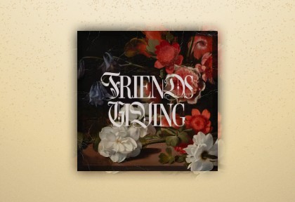 Ornate floral Thanksgiving invite with dark red roses and gothic serif text reading “Friendsgiving.”