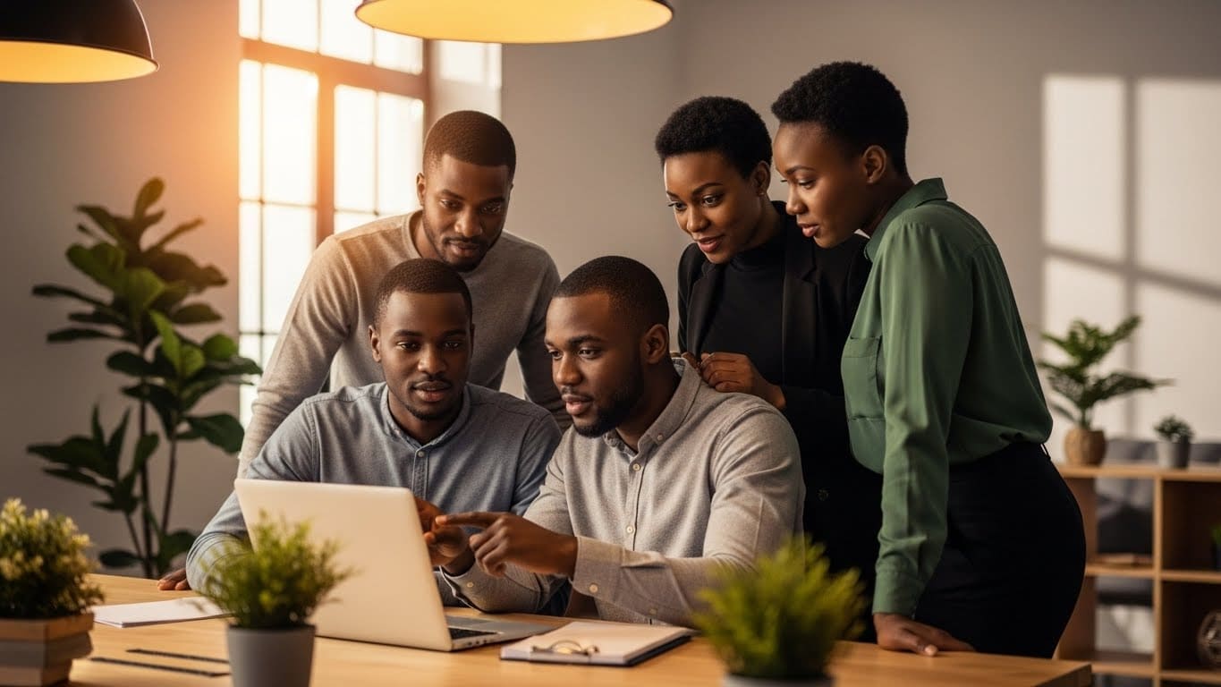 Group of people staring at a laptop in an office