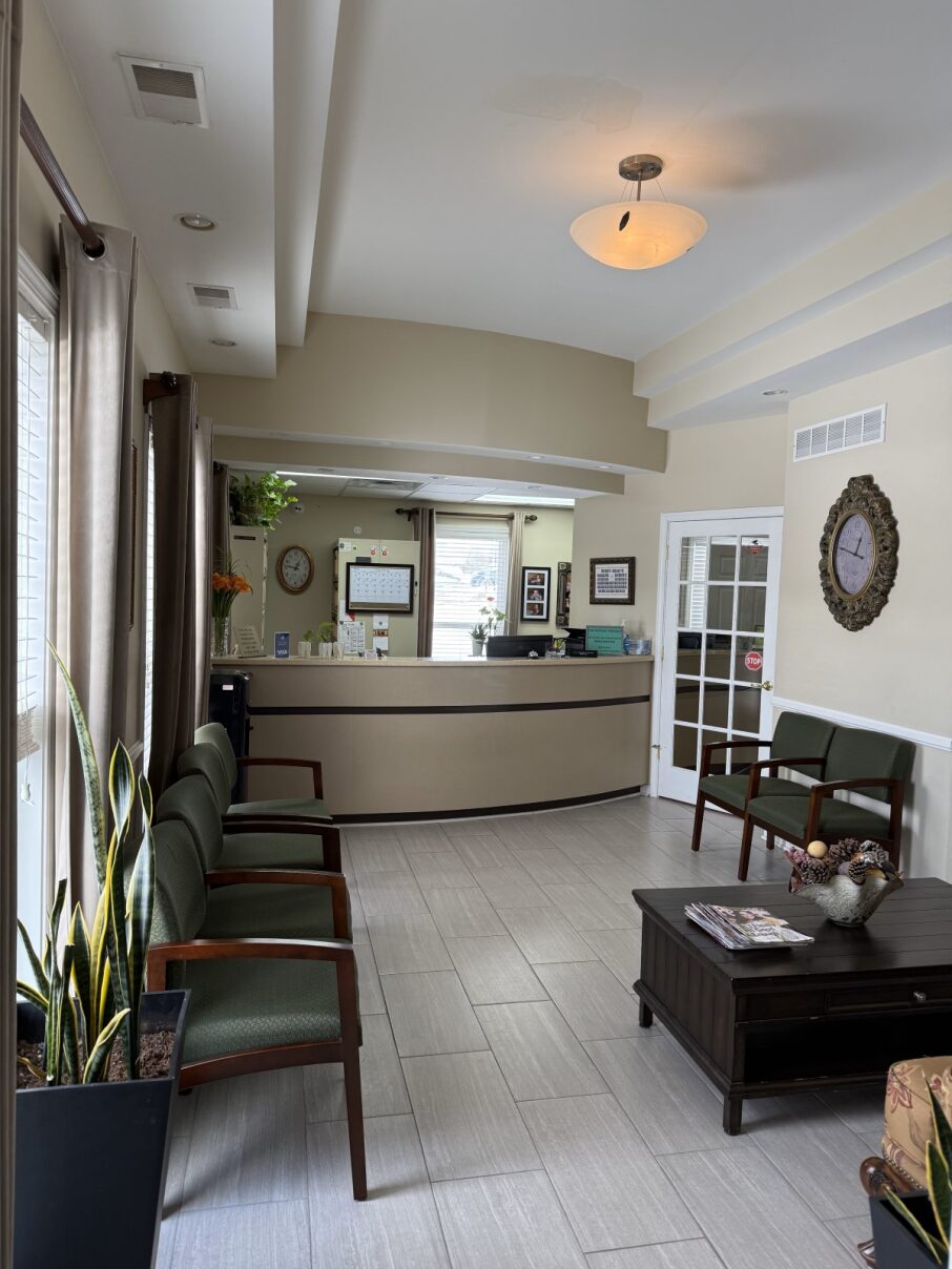 Spacious dental reception area and patient waiting room at Middletown Dental, providing a calm and professional environment for family dentistry.