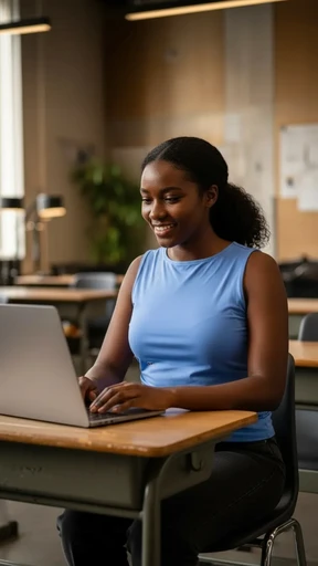 Étudiante de l'ICEA Martinique utilisant un ordinateur portable en salle d'étude, illustrant la digitalisation des formations et le travail personnel en école supérieure