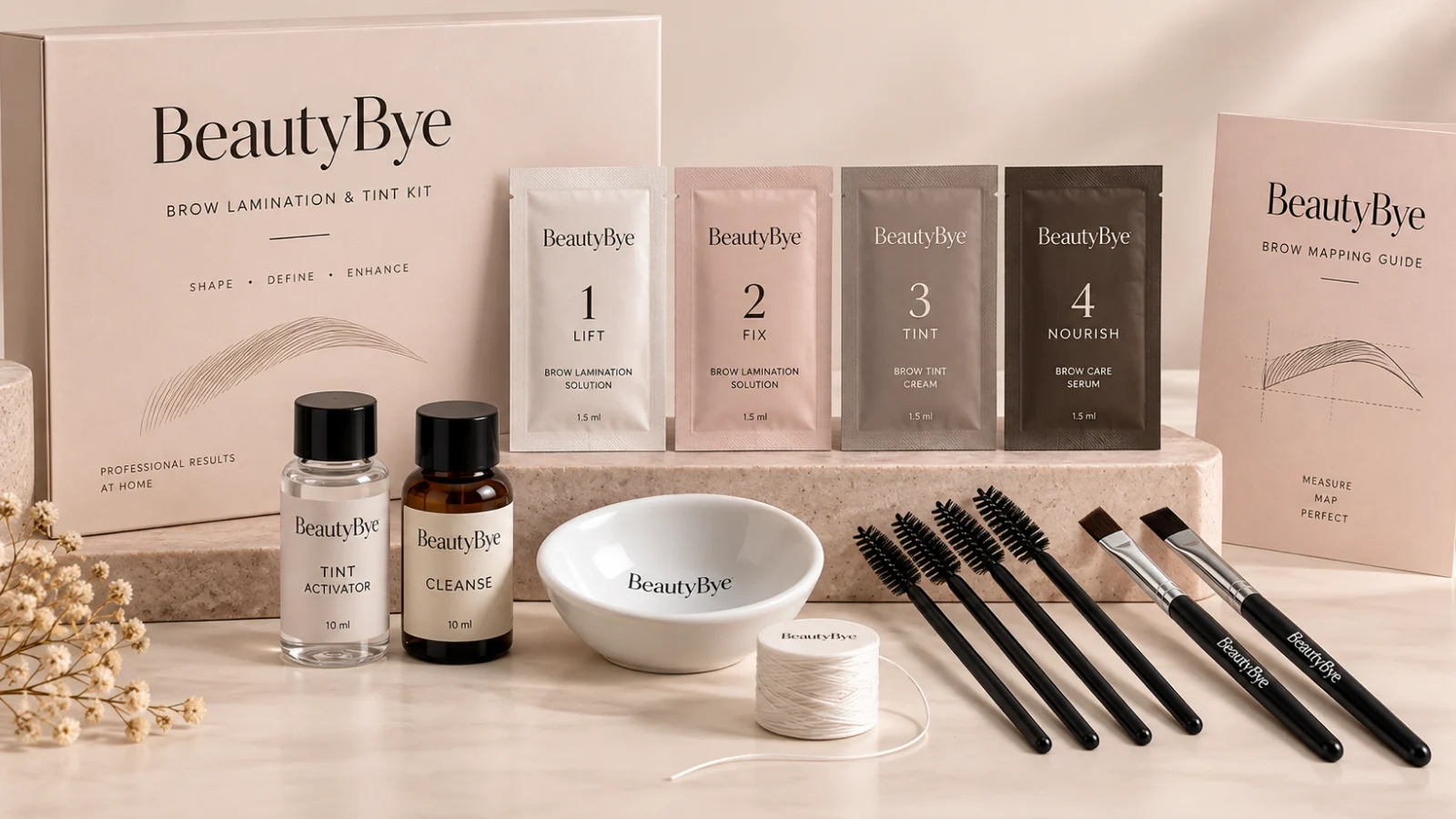 BeautyBye professional brow lamination and tint products arranged in a premium studio set