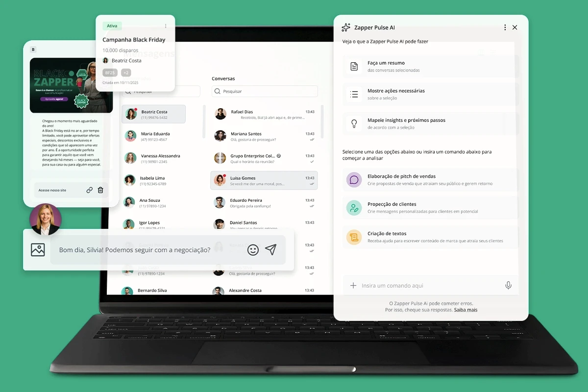 Tela com a ferramenta de monitoramento de WhatsApps corporativos e funcionalidades de inteligência artificial, Zapper