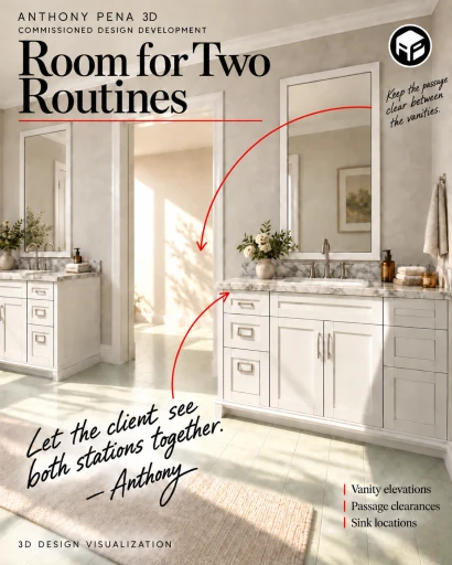 Concept bathroom cover with two vanities on either side of a passage.