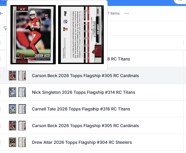 Card Dealer Pro inventory showing abbreviated listing titles and a card-image preview.