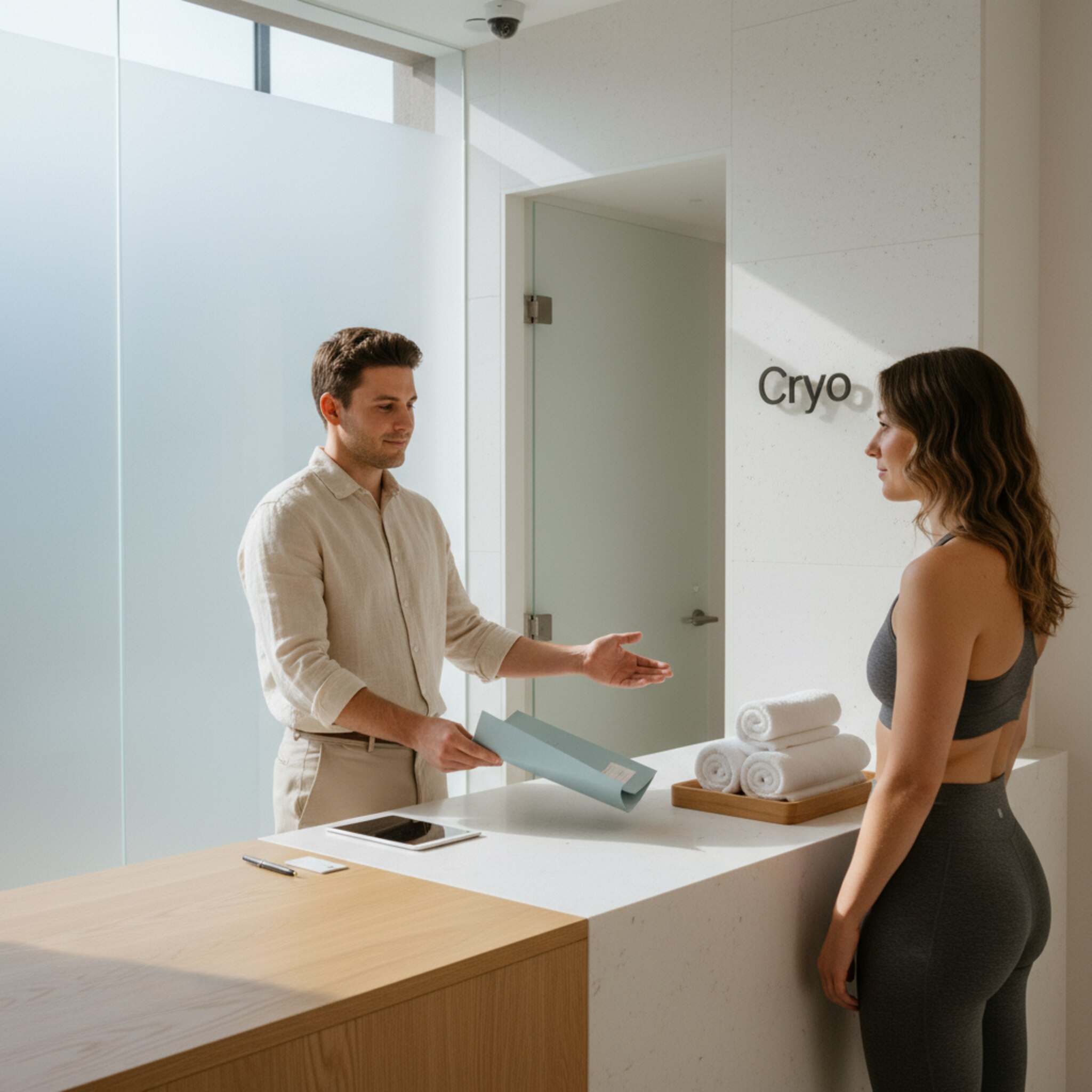 Am Frontdesk legt eine Mitarbeiterin eine Mappe beiseite und zeigt dem Gast diskret den Weg. Frische Handtücher liegen bereit, die Kältekammer ist durch Milchglas nur angedeutet. Der Blickkontakt ist freundlich, die Szene ruhig und geordnet. Jeder Schritt wirkt klar definiert.