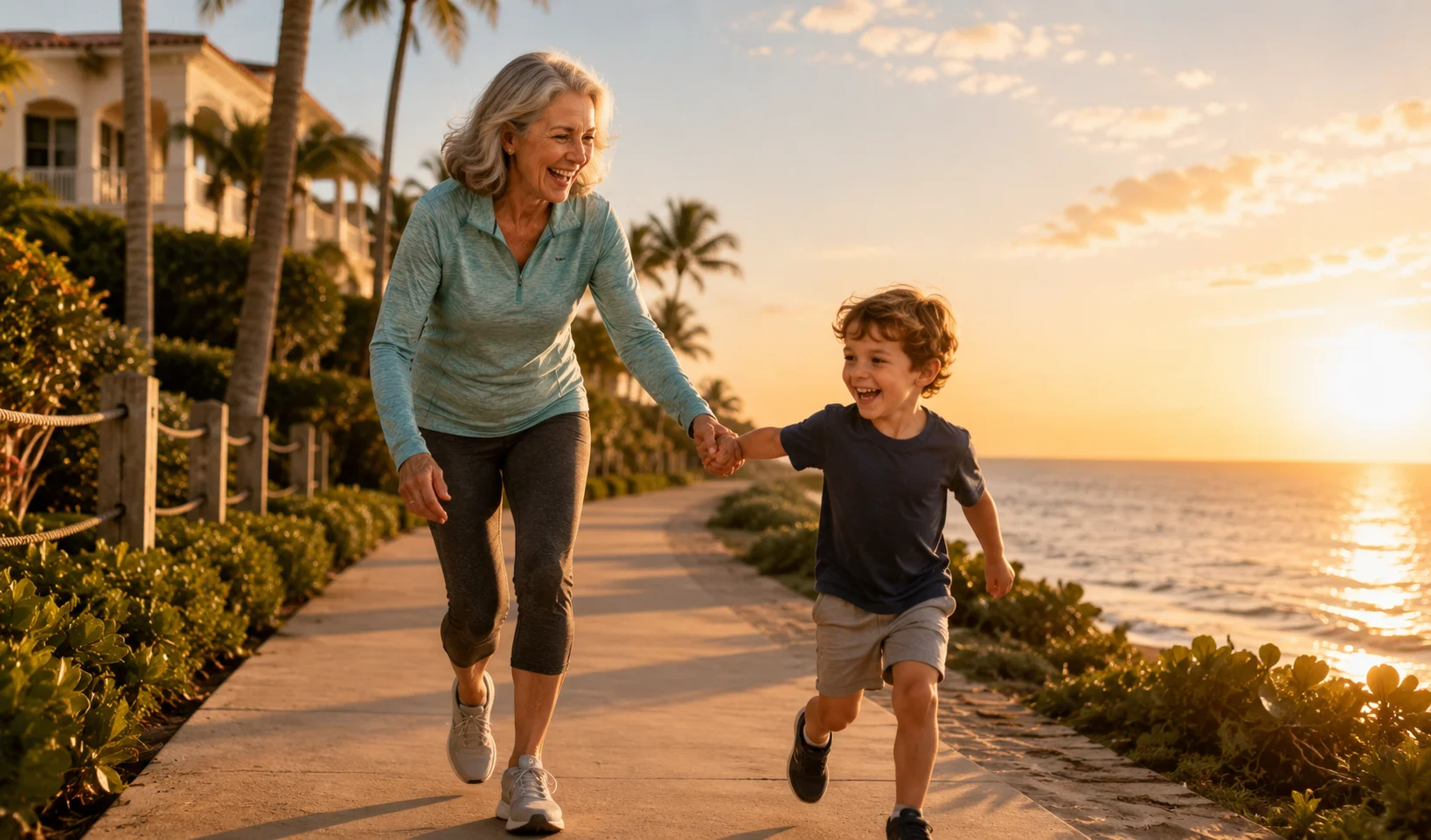 An active older woman joyfully playing with her grandchild along a scenic coastal path in Naples, Florida, representing the freedom of movement made possible through non-surgical interventional pain management at Florida Orthopedic & Spine Institute.