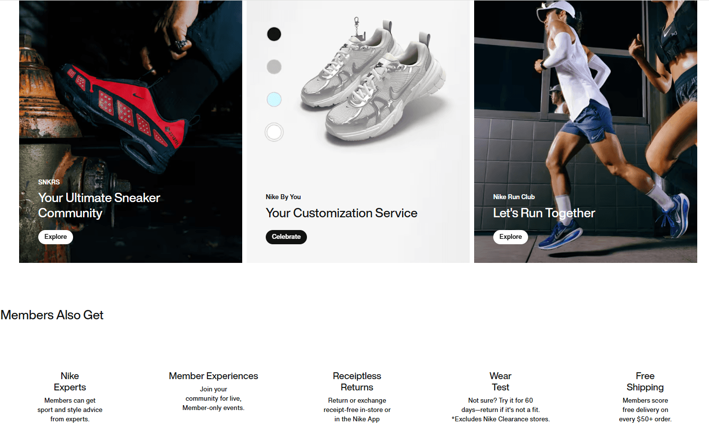 Nike membership loyalty program overview featuring three flagship experiences: Sneakers (ultimate sneaker community with expert advice), Nike By You (shoe customization service), and Nike Run Club (community running events); plus five core member benefits — Nike Experts (sport and style advice), Member Experiences (live community and member-only events), Receptless Returns (in-store or via Nike App), Wear Test (60-day fit trial with free returns), and Free Shipping on every $50+ order