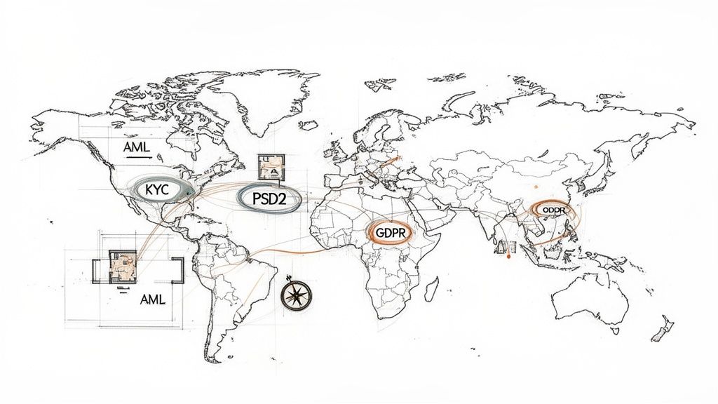 Global map showcasing financial regulations (KYC, AML, PSD2, GDPR, ODPR) and interconnected compliance systems worldwide.