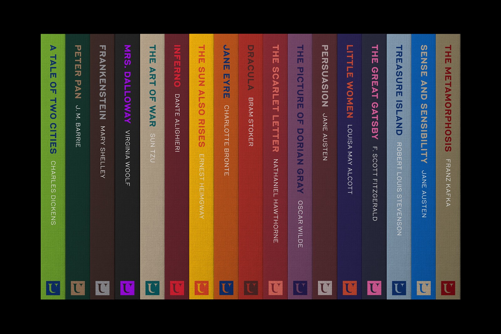 A collection of colored book spines arranged in vertical stripes, showcasing a variety of vibrant hues.