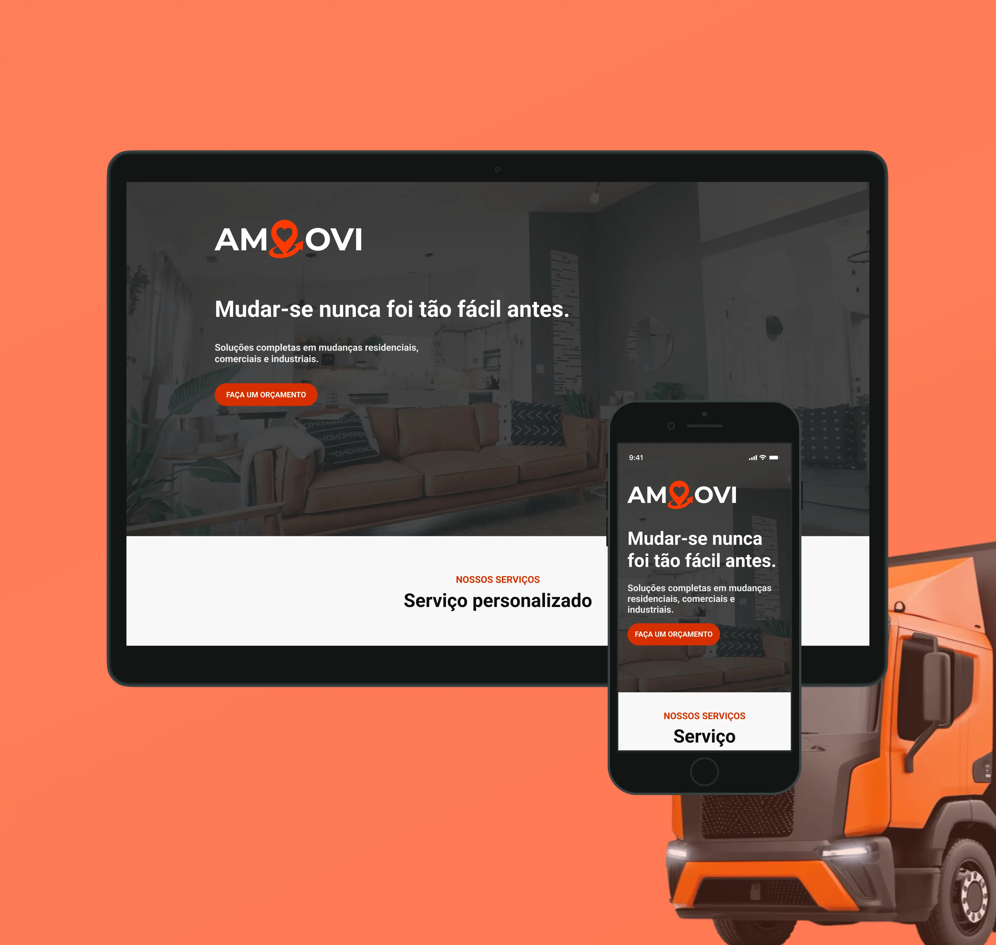 Mockup em perspectiva da landing page Amovi exibida em um notebook, com fundo em tom alaranjado sólido.