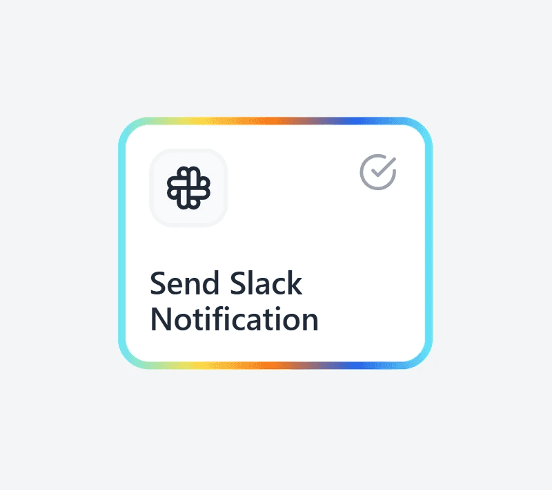 A workflow node card with an iridescent border for a Send Slack Notification action.