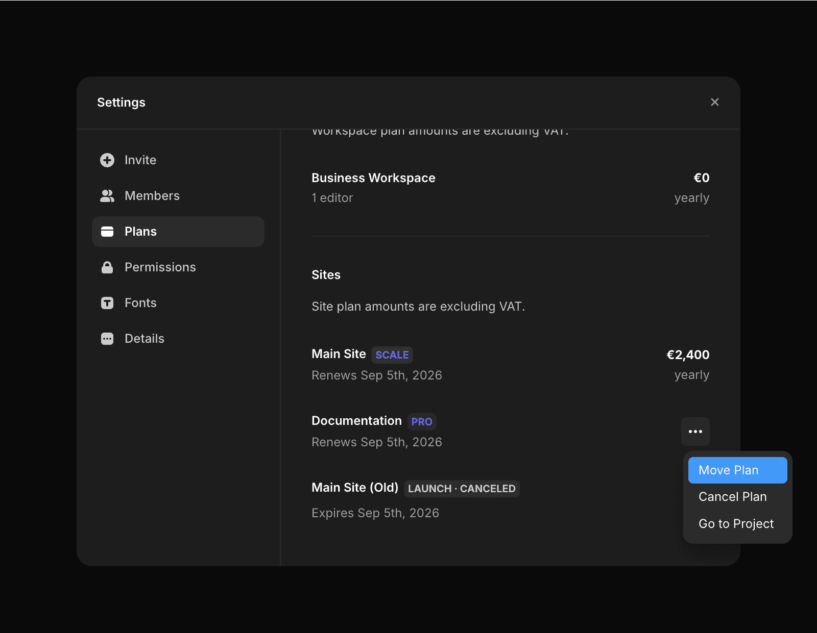 Framer 设置面板截图,显示列出多个站点套餐(主站、文档站、旧主站)的套餐标签页。文档站旁边的下拉菜单已展开,包含三个选项:“移动套餐”(蓝色高亮)、“取消套餐”和“前往项目”