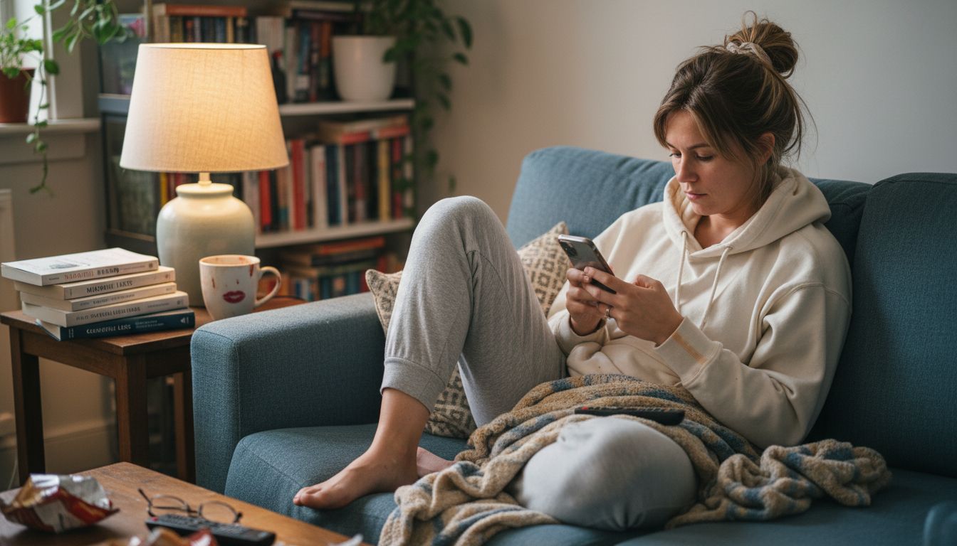 Young woman chats with AI assistant on couch