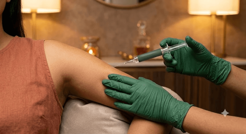 A close-up photograph focusing on the upper arm (deltoid) of an Indian patient in a luxury wellness setting. An Indian dermatologist or specialized nurse’s cleanly gloved hand gently administers a vitamin wellness injection. The lighting is soft and warm, emphasizing a comfortable, premium clinical experience rather than a harsh medical environment.