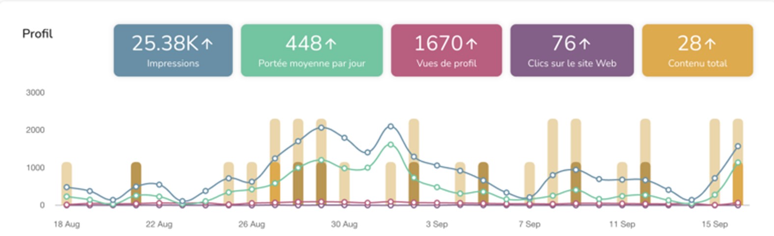Graphique représentant les fluctuations des métriques d'un site web au fil du temps, montrant les impressions quotidiennes, la portée moyenne quotidienne, les vues de profil, les clics sur le site et le contenu total ; mis en valeur par des chiffres tels que "25,38K", "448", "1670", "76" et "28" dans des boîtes colorées au-dessus du graphique.