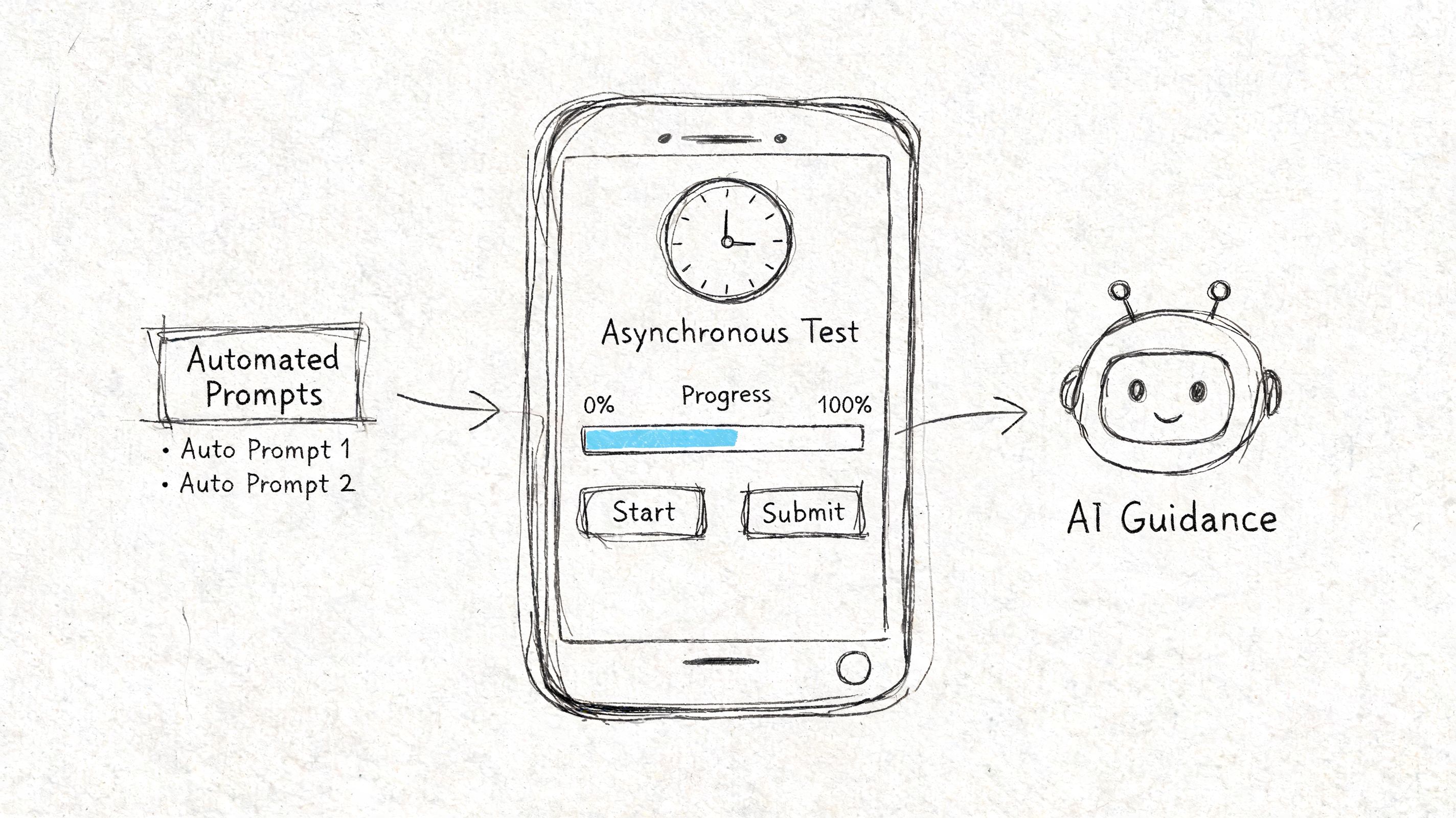 A hand-drawn sketch illustrating an asynchronous usability test process involving automated prompts and AI-driven guidance.