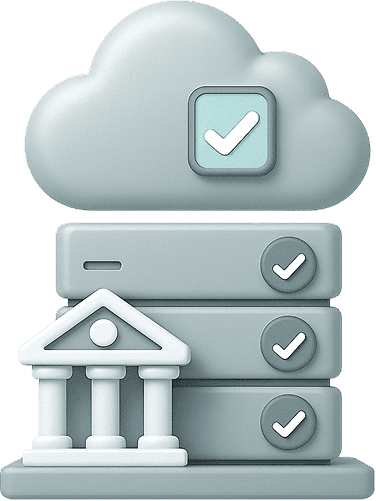 Cloud server with government building and green checkmark.