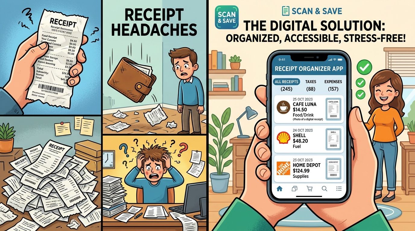 A split image showing a stressed person overwhelmed by paper receipts versus a convenient digital receipt organizer app.