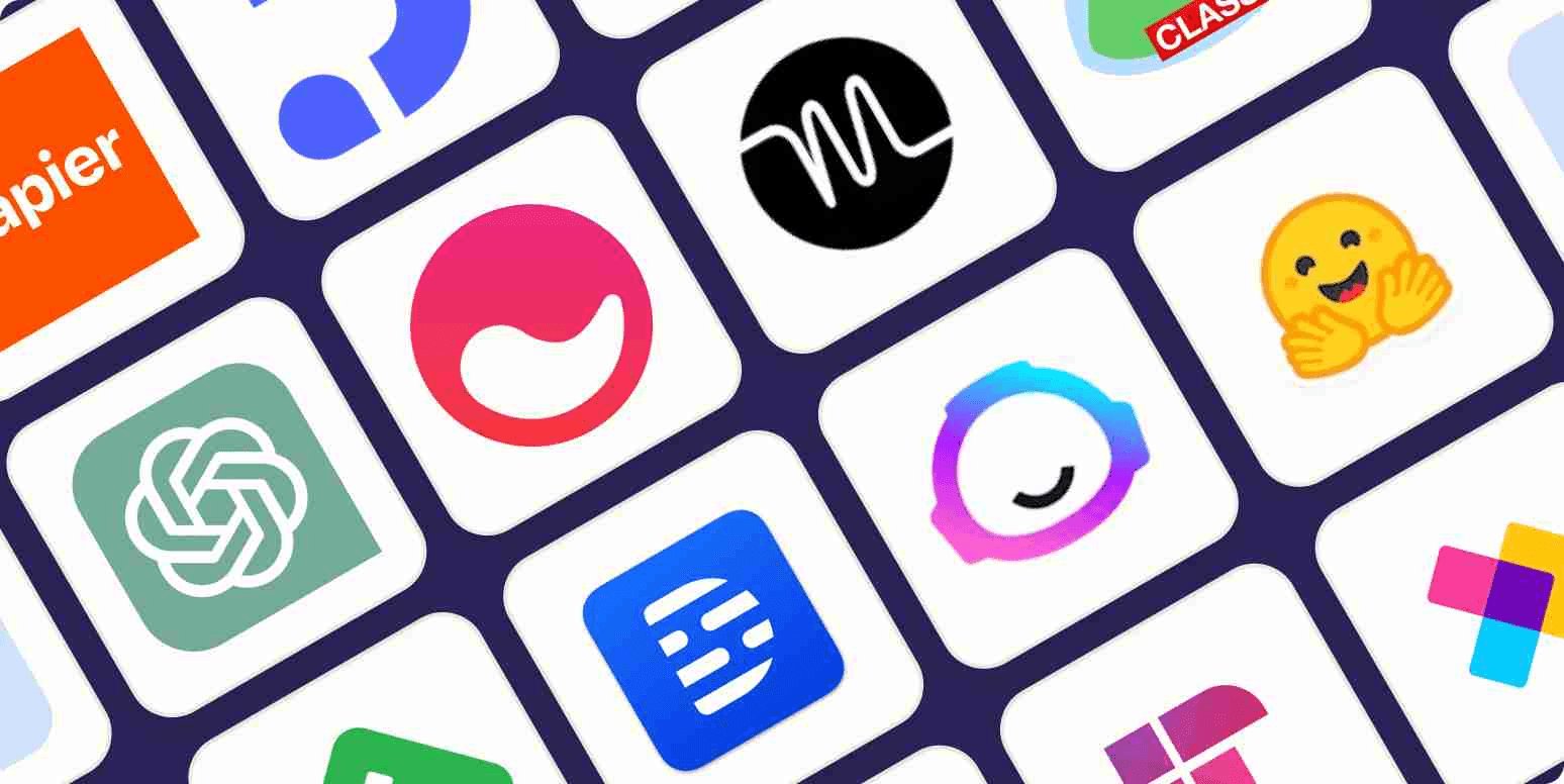 Grid features various software application logos - Best AI Tools for Social Media Content Creation
