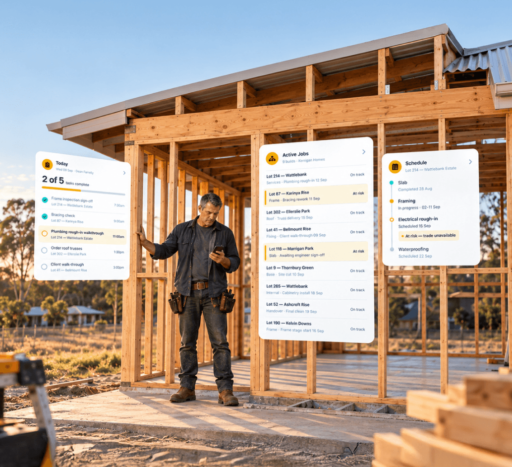 A tradesman checks his phone while standing inside a timber-framed house extension under construction, with rural views in the background.