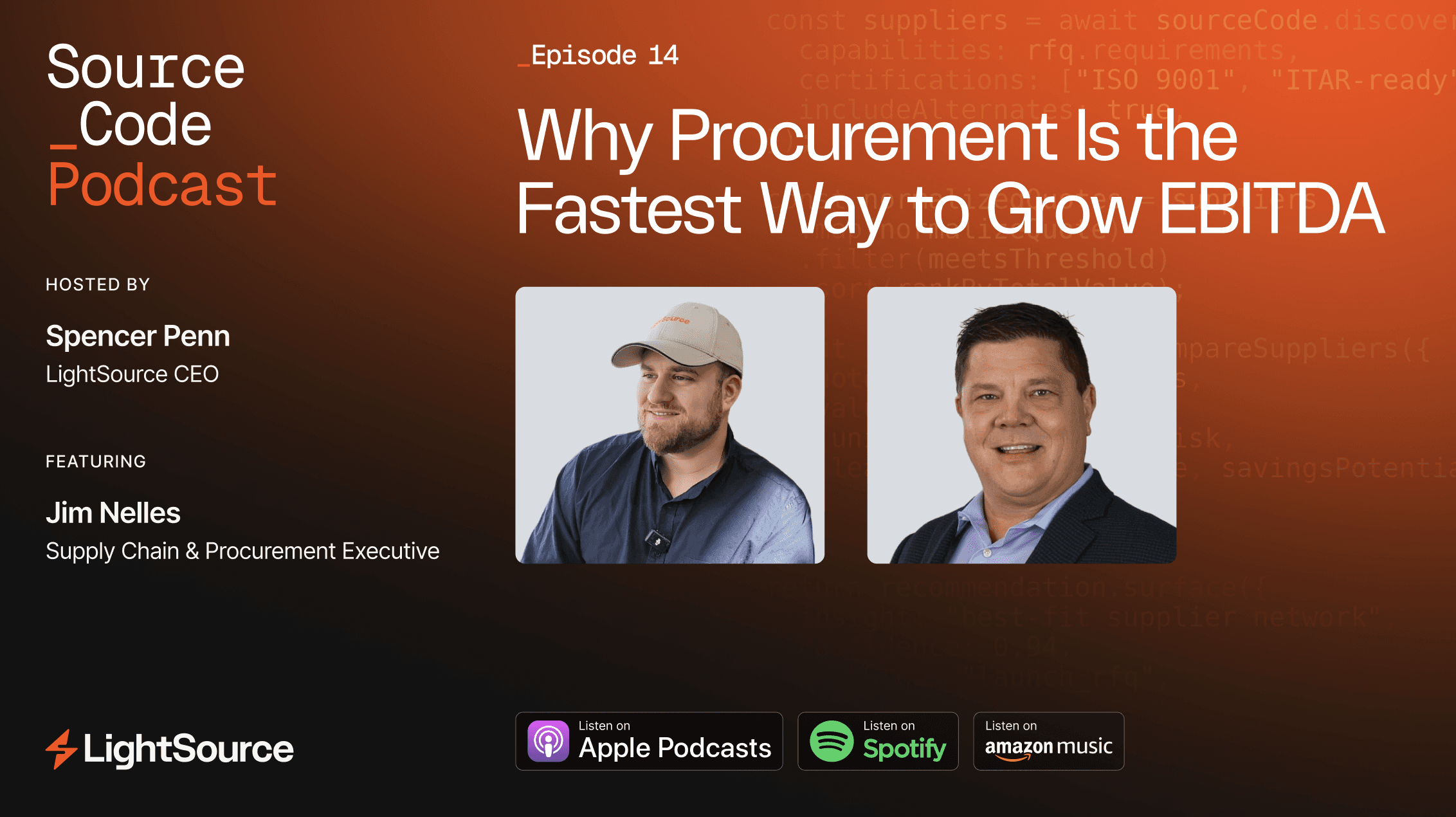 Source Code Podcast episode 10 graphic: "How AI Will Transform Procurement," hosted by Spencer Penn with guest Victoria Folbigg, listen on Apple Podcasts, Spotify, and Amazon Music