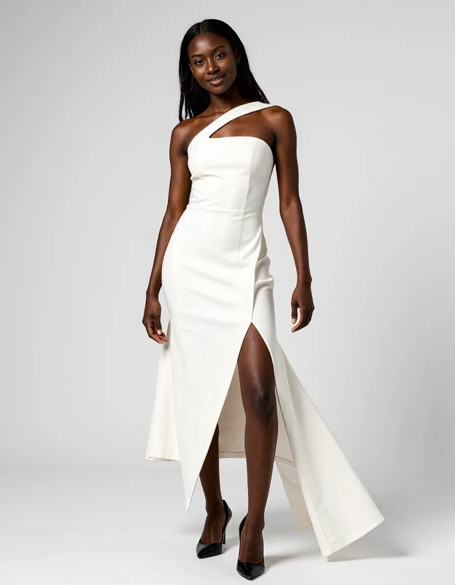 Elegant white asymmetrical one-shoulder gown with high slit photographed against neutral background, paired with black heels
