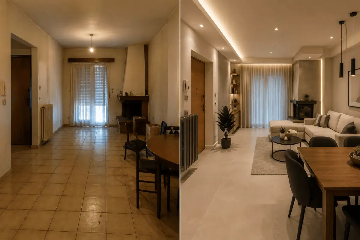 Ανακαίνιση σπιτιού πριν και μετά στα Μεσόγεια με πλήρη μεταμόρφωση κατοικίας από παλαιό διαμέρισμα σε σύγχρονο λειτουργικό χώρο
