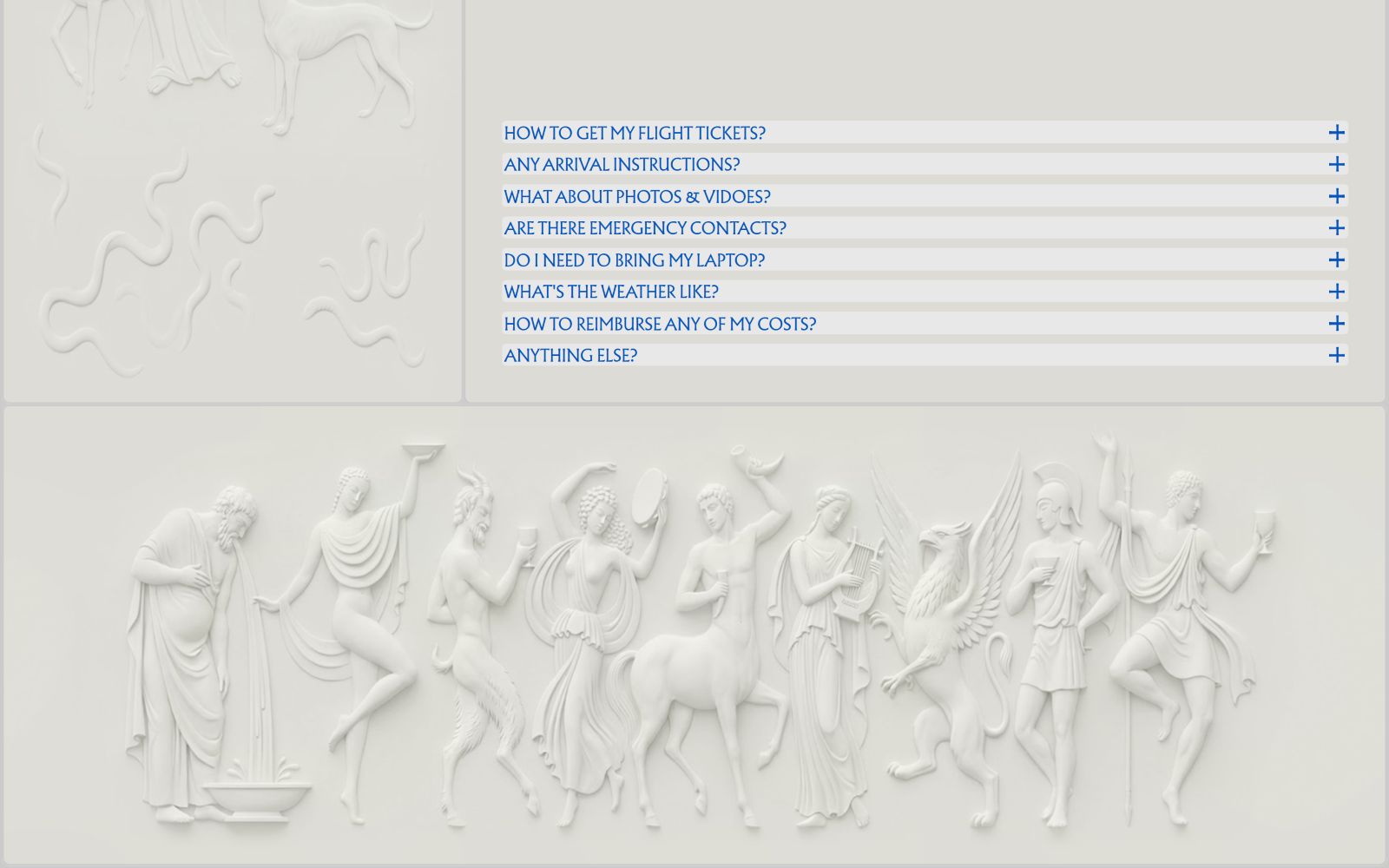 White classical relief sculpture with figures in action. Blue text on the right lists FAQs and has plus icons for more info.
